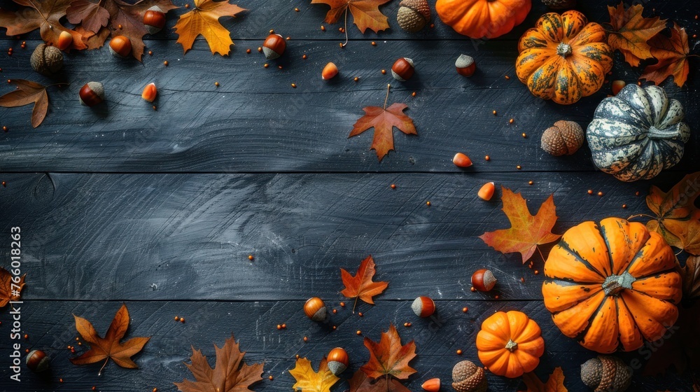 Rustic Autumn Thanksgiving Table with Pumpkins, Acorns, and Leaves - Top View Background Rustic Autumn Thanksgiving Table with Pumpkins, Acorns, and Leaves - Top View Background