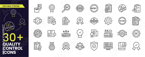 Quality control line icons set. Editable Stroke. Quality, evaluation, improve, process, approval, result, and customer. Editable Outline line icon