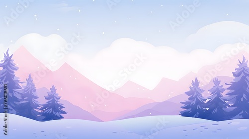  A serene winter scene with snow gently falling over a blue-hued landscape of evergreen trees and rolling hills, invoking a sense of calm and solitude. © king