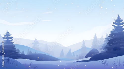  A serene winter scene with snow gently falling over a blue-hued landscape of evergreen trees and rolling hills, invoking a sense of calm and solitude. © king