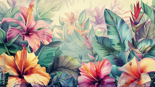 Tropical Exotic Landscape Wallpaper. Hand Drawn Design. Luxury Wall Mural. Leaf and Flowers Background.