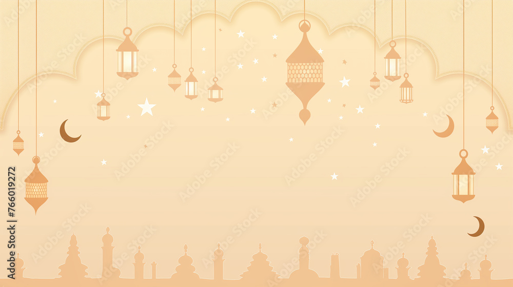 Ramadan Serenity, Minimalist Mosque, Lanterns, and Stars Illustration for Background