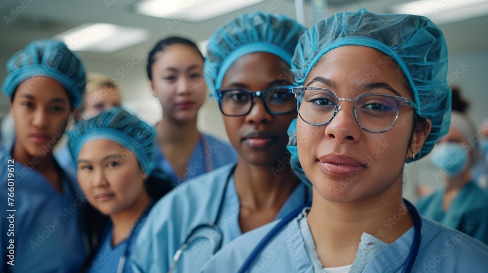 a healthcare setting, highlighting women professionals in various roles, from surgeons to nurses, working together. The emphasis is on teamwork, compassion, and dedication a healthcare setting, highlighting women professionals in various roles, from surgeons to nurses, working together. The emphasis is on teamwork, compassion, and dedication