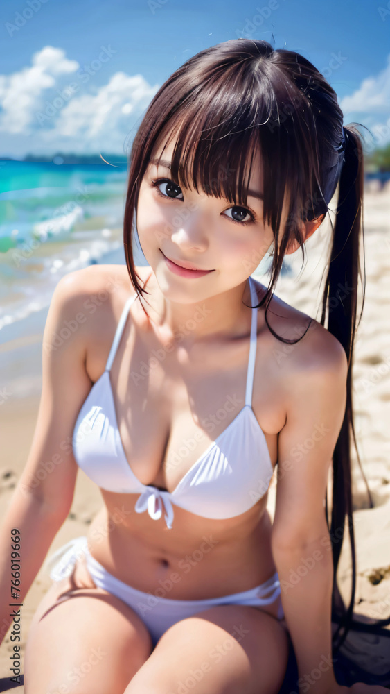 夏空のビーチで水着を着た笑顔の若い女性 夏空のビーチで水着を着た笑顔の若い女性