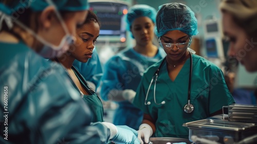 a healthcare setting, highlighting women professionals in various roles, from surgeons to nurses, working together. The emphasis is on teamwork, compassion, and dedication © Sasint