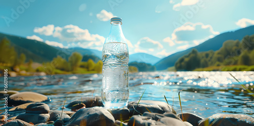 focused water bottle with mointains and water in the background with extra copy space  photo