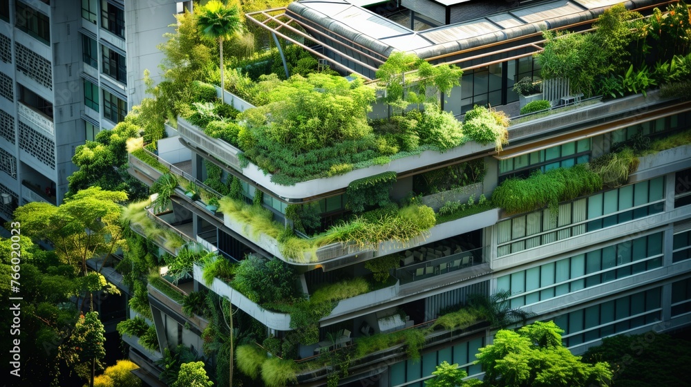 A building with a green roof and living walls, illustrating how urban spaces can incorporate greenery to improve air quality and biodiversity.