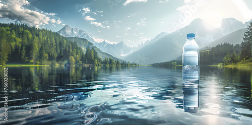 focused water bottle with mointains and water in the background with extra copy space  photo