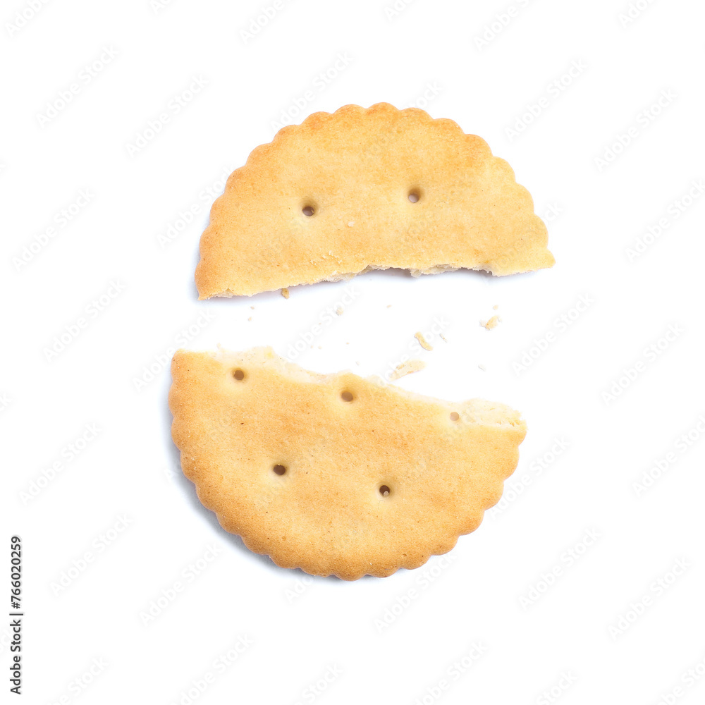 Crispy broken cracker isolated on white, top view