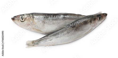 Fresh raw sprats isolated on white, top view