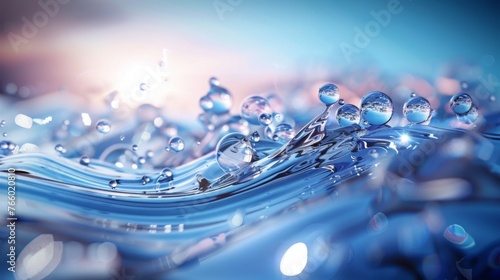Macro shot of water droplets on a blue surface, displaying crisp clarity and reflective properties; Concept of purity, cleanliness, and macro photography 