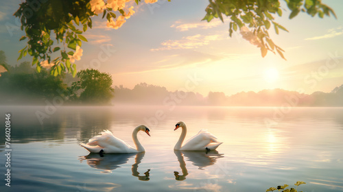 Couple of swans swimming on the calm lake at sunset