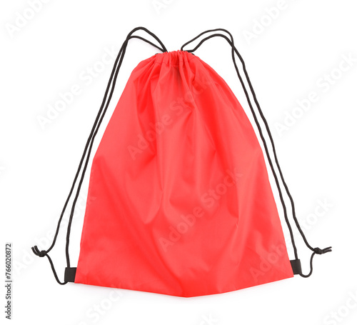 One red drawstring bag isolated on white
