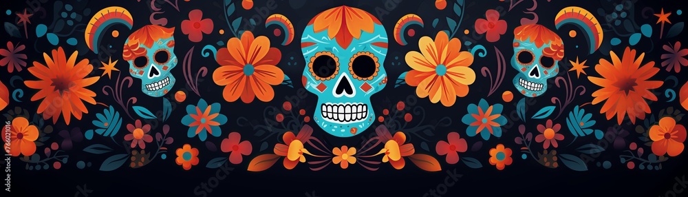  sugar skulls adorned with floral patterns celebrate Day of the Dead against a dark backdrop,  Mexican tradition concept