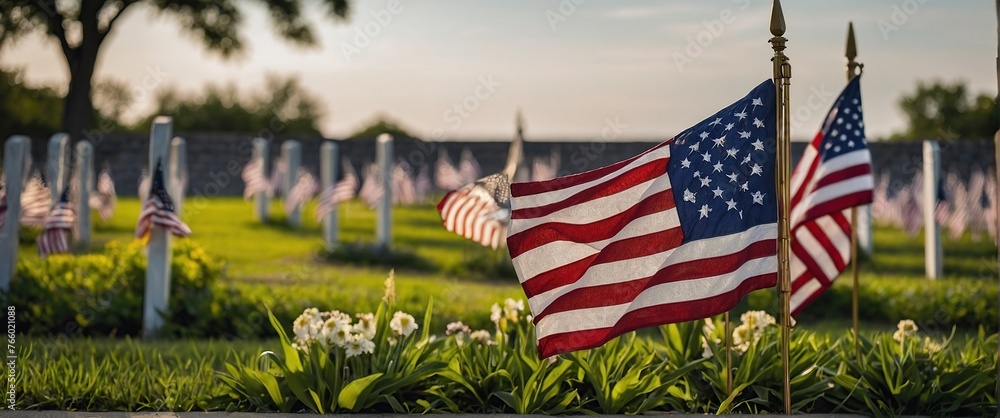 US Flags with American stars, stripes and national colors Memorial or Veterans Day, 4 July, independence day, labor day