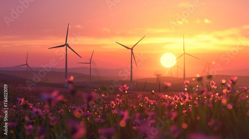 Wind turbine in the flowers field at sunset