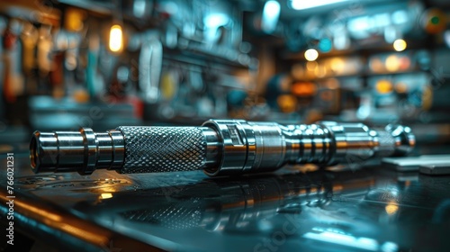 A cinematic shot of a torque wrench, its calibrated scale and textured grip hinting at the power it holds to tighten bolts with exacting force. photo
