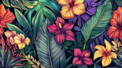 Tropical background. Exotic Landscape  Hand Drawn Design. Luxury Wall Mural. Leaf and Flowers Wallpaper. 