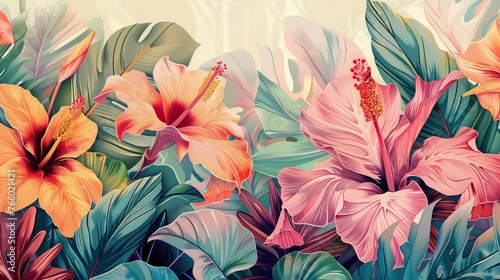 Tropical background. Exotic Landscape  Hand Drawn Design. Luxury Wall Mural. Leaf and Flowers Wallpaper. 