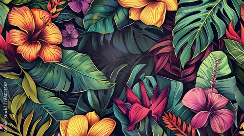 Tropical background. Exotic Landscape, Hand Drawn Design. Luxury Wall Mural. Leaf and Flowers Wallpaper. 