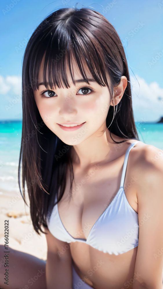 夏空のビーチで水着を着た笑顔の若い女性 夏空のビーチで水着を着た笑顔の若い女性