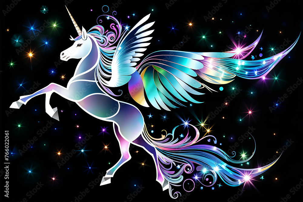 Unicorn flapping its wings in the starry night sky Stock Illustration ...