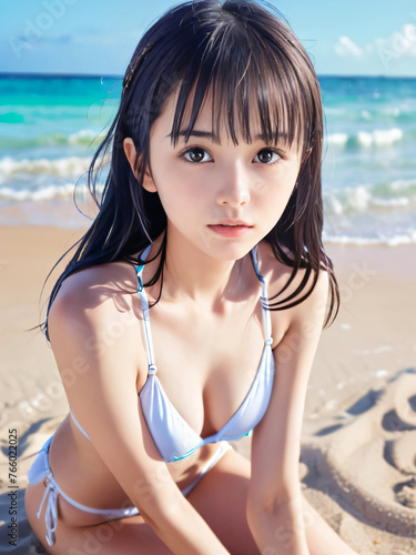 夏空のビーチで水着を着た寂しげな若い女性