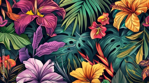 Tropical background. Exotic Landscape, Hand Drawn Design. Luxury Wall Mural. Leaf and Flowers Wallpaper. 