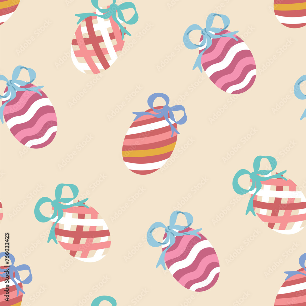 Easter Eggs with Bow Ribbon Seamless Pattern. Painted Striped Easter Egg Wallpaper. Colorful Holiday Print, Fabric, Textile, Fashion Vector Illustration on Beige Background. - obrazy, fototapety, plakaty 