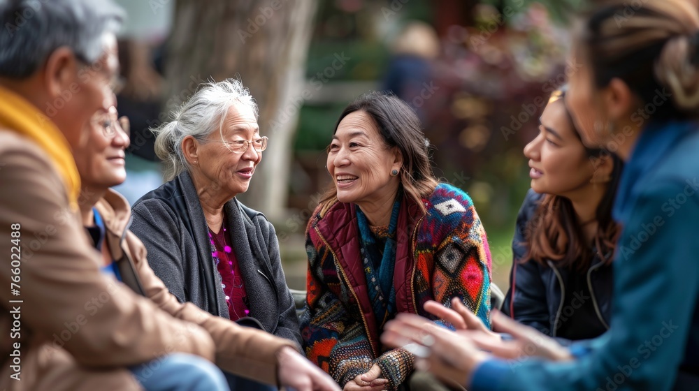 Obraz premium gathering where elders and youth from different cultures and backgrounds share stories and wisdom, illustrating the profound connections and learning that can occur across generations