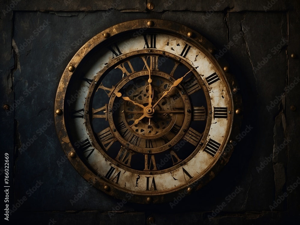 The clock's face is cracked and worn, a symbol of the limited time we have left. The numbers are fading, a visual representation of the fleeting nature of time. The background is a dark, ominous color