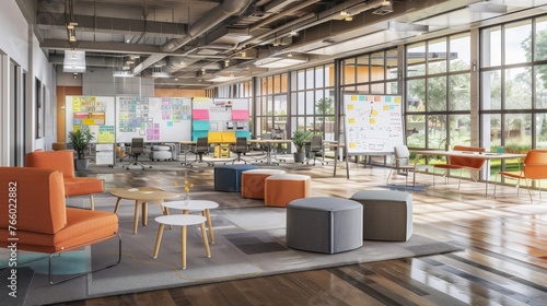 modern, open-plan office space designed for collaboration, featuring modular furniture, whiteboards filled with colorful notes, and a casual seating area where young professionals brainstorm ideas.