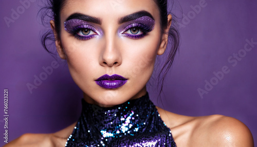Fashionmode, violettes Beauty Makeup, Portrait für ein Modemagazin