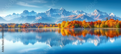 Vibrant high tatra lake autumn scene, mountain sunrise, pine forest ideal for hiking adventure