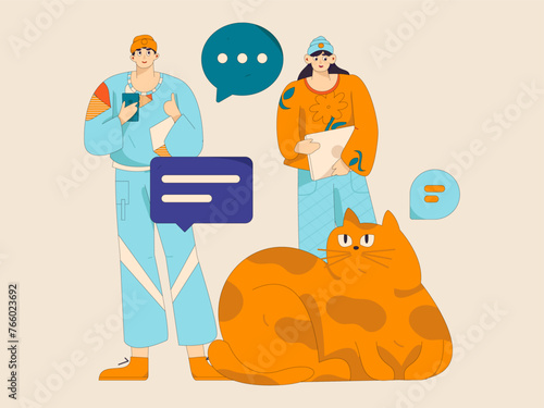 Virtual characters social communication concept business flat vector hand drawn illustration
