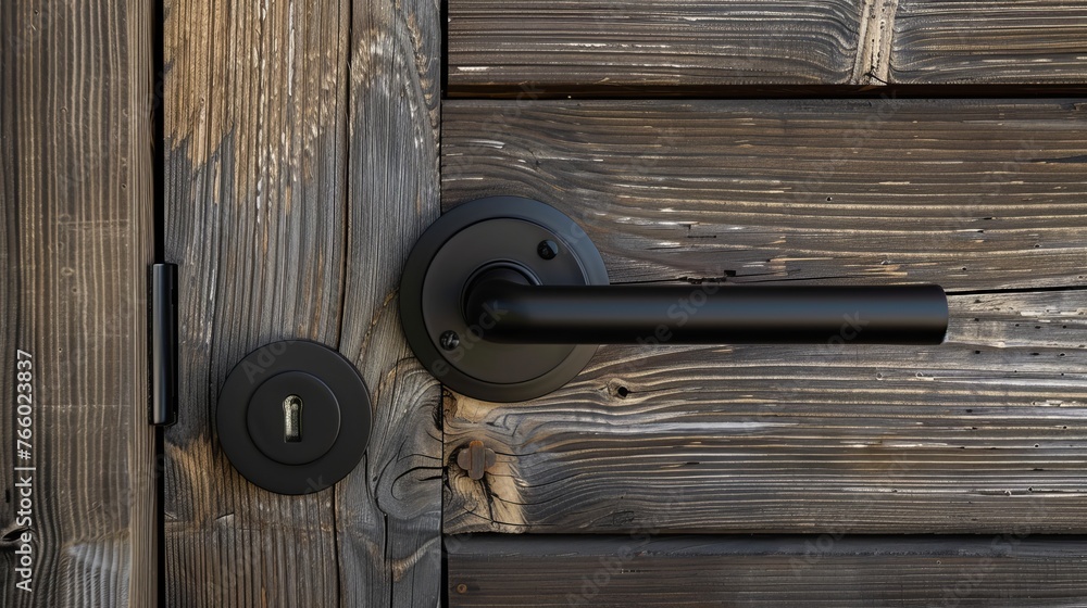 A textured wooden backdrop with a matte black door handle and lock. - obrazy, fototapety, plakaty 