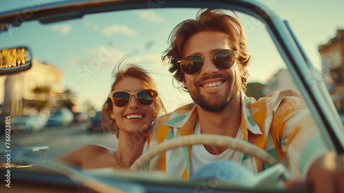 Handsome young couple in sunglasses driving a car and smiling.