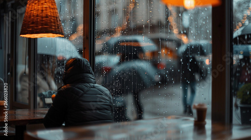 カフェの中から雨の降る通りを見る人2