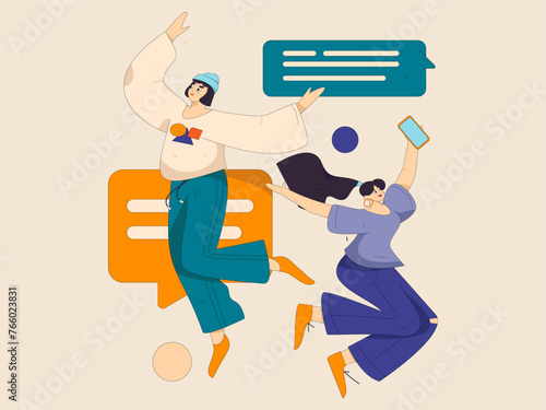 Virtual characters social communication concept business flat vector hand drawn illustration
