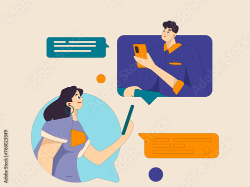 Virtual characters social communication concept business flat vector hand drawn illustration
