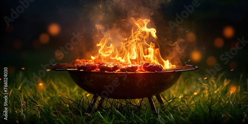 Barbecue grill with fire and smoke on green grass at night.