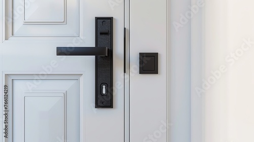 Contemporary white door with magnetic locks, an insert key lock, and a matte black handle