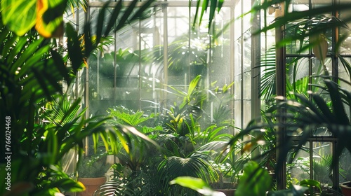 View from the exterior of a tropical greenhouse showing a variety of green potted plants behind a distorted glass wall. photosynthesis process. When there is humidity, water vapor is produced.