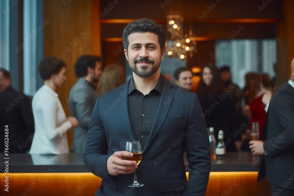 A portrait of a cheerful businessman during a business party gathering A portrait of a cheerful businessman during a business party gathering