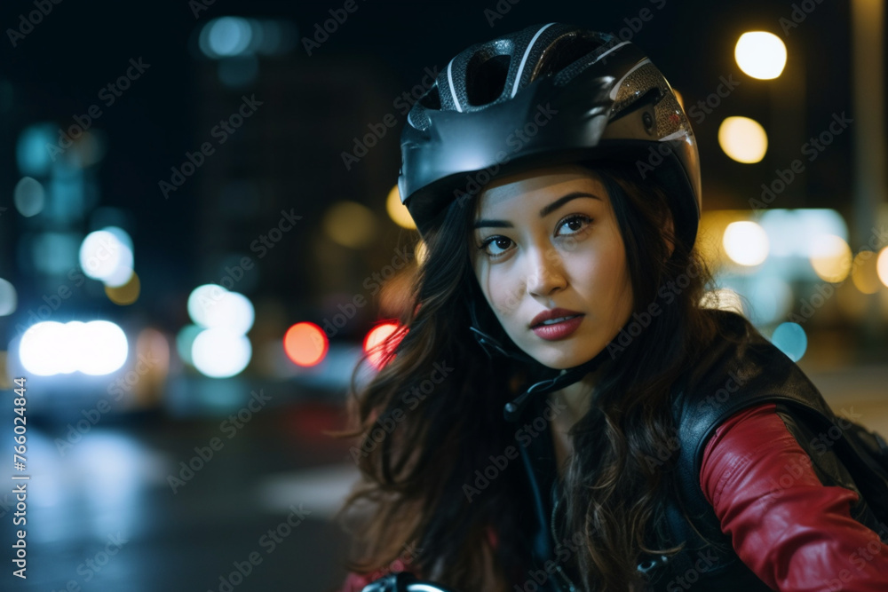 A portrait of a female biker in the city at night A portrait of a female biker in the city at night