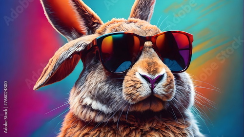 Cool bunny with sunglasses on colorful background © Borneo