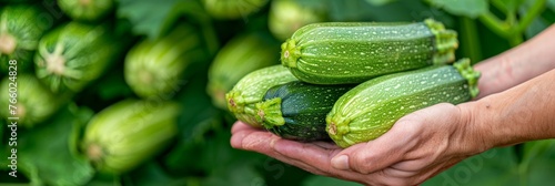 Hand holding fresh zucchini with blurred selection of zucchinis in background for text