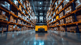 Double exposure of yellow forklift truck in warehouse. Transportation and logistics concept.