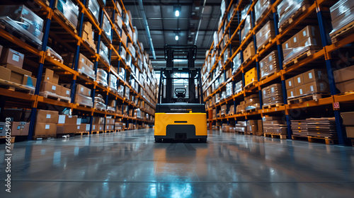 Double exposure of yellow forklift truck in warehouse. Transportation and logistics concept.