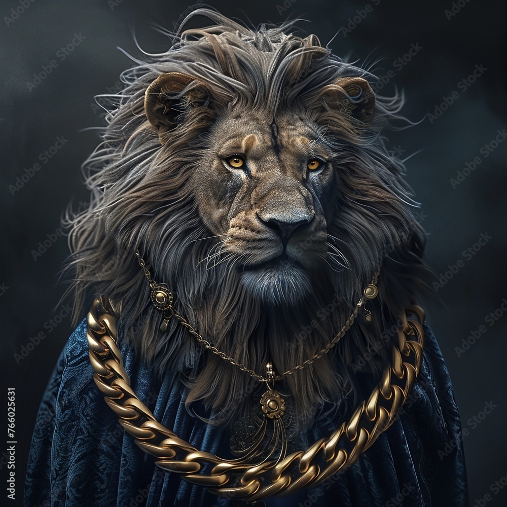 A regal anthropomorphic lion character with a mane made of golden chains , unique hyper-realistic illustrations